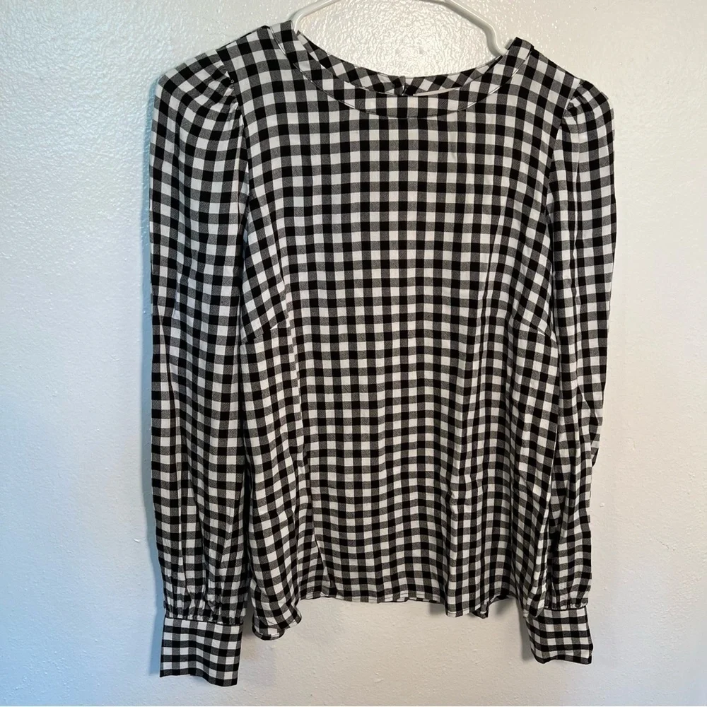Loft Women's Size XS Blouse Long Puff Sleeve Black White Gingham Crewneck 552579